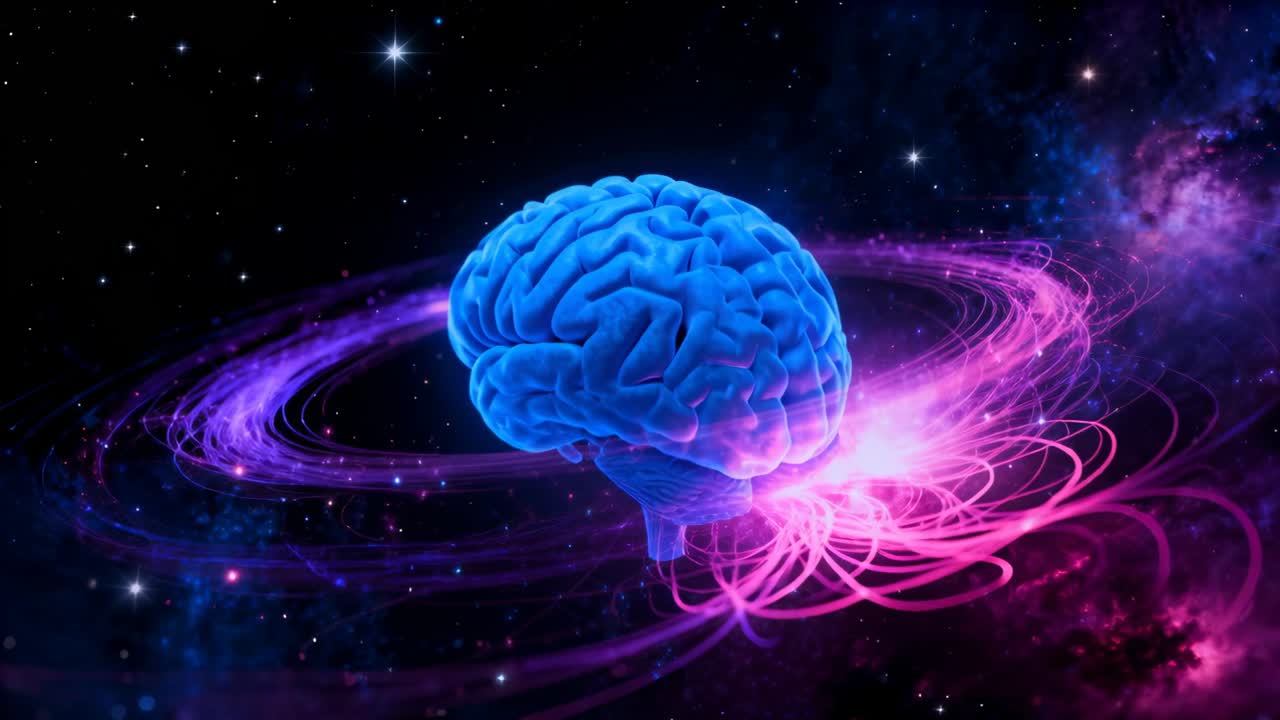 Rotating blue brain revealing underside in starfield as magenta ring pulsing sending pink filaments