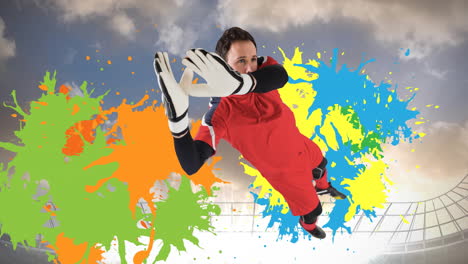 animation of football goalkeeper over colourful squiggles over sports stadium