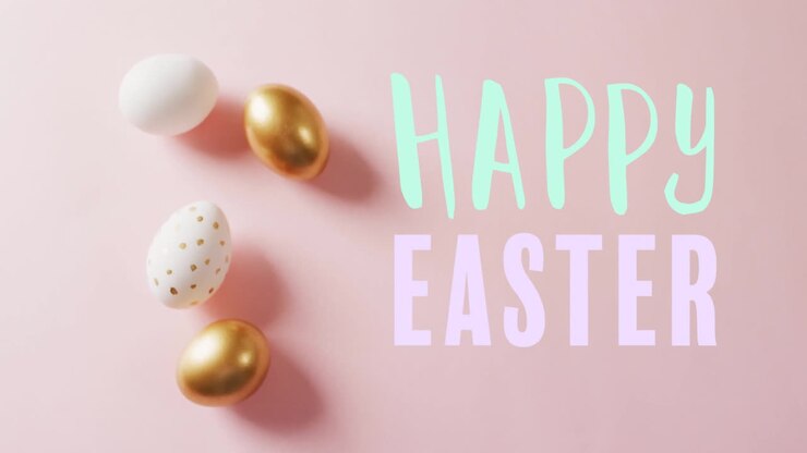 Animation of happy easter text over white and gold eggs on pink background