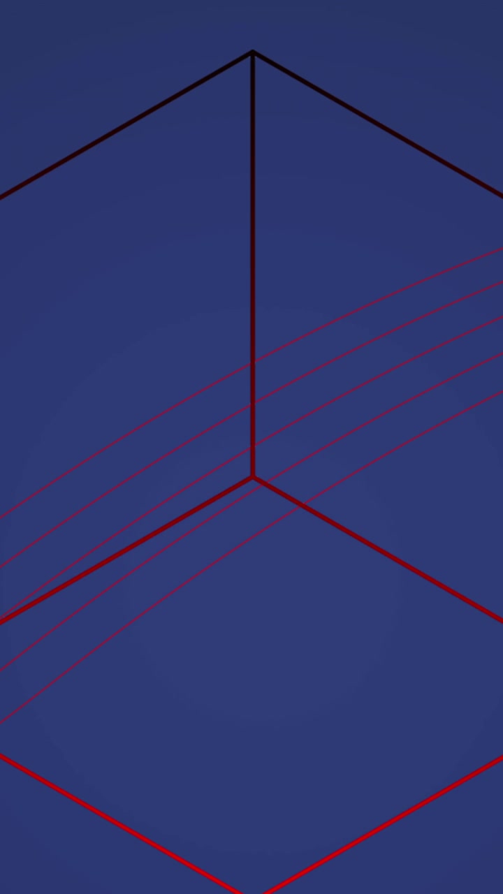 Animazione di un cubo e forme in movimento su sfondo blu.