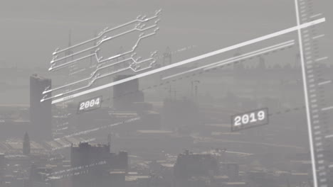 animación del procesamiento de datos financieros sobre el paisaje urbano