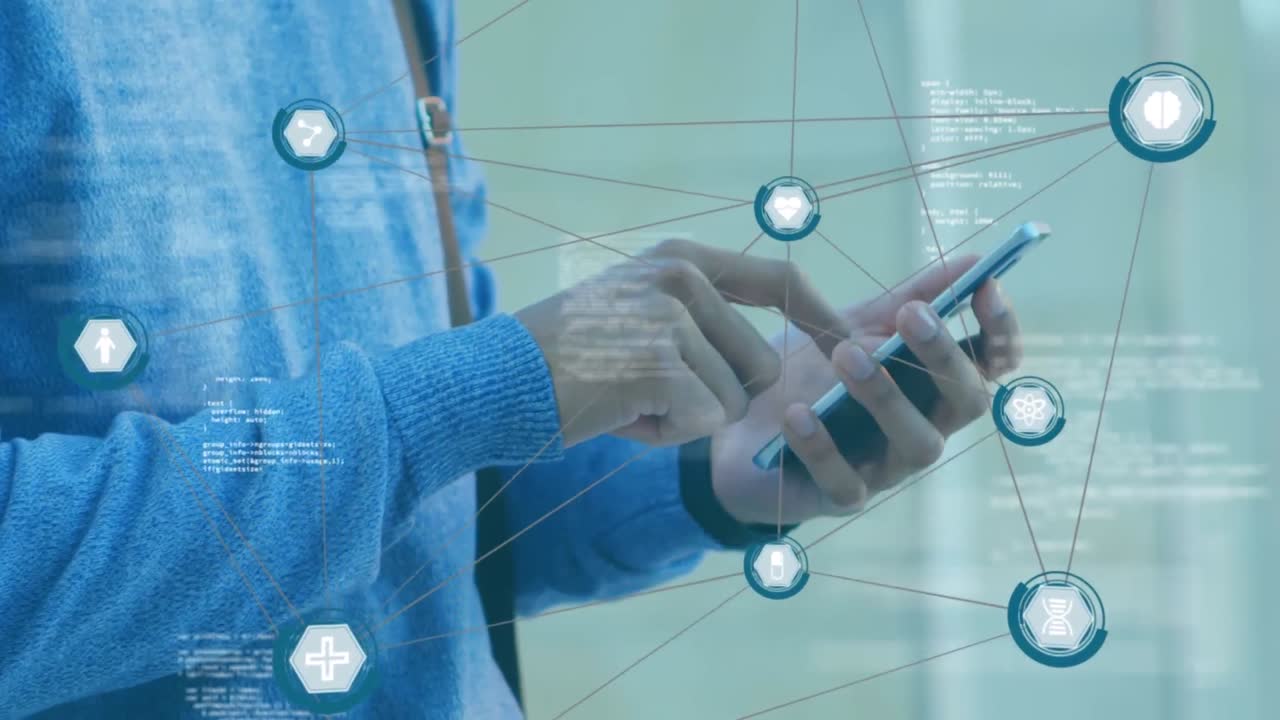 스마트폰을 사용하는 사람에 대한 연결 아이콘과 데이터 처리의 웹