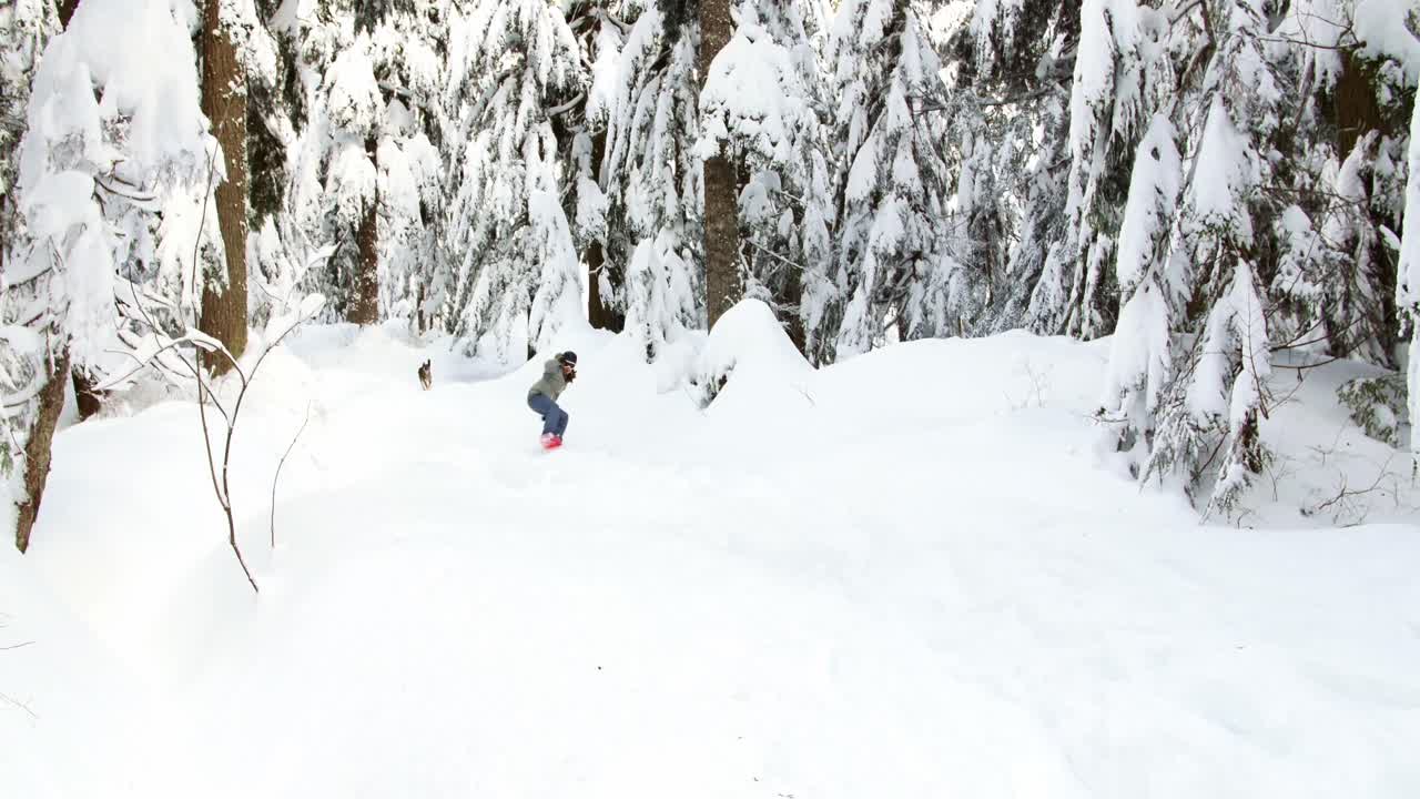 mujer haciendo snowboard a través del bosque 4k