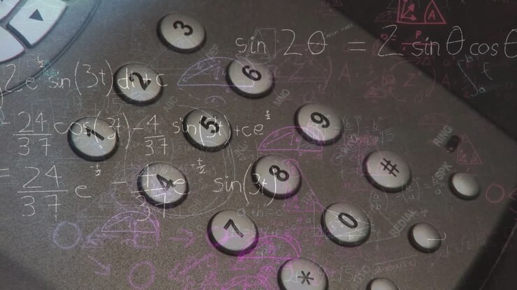 Animation of mathematical equations over caucasian man using phone