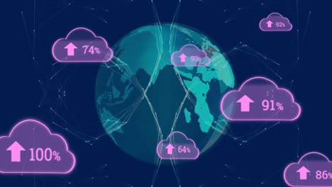 Animation-Von-Wolken-Mit-Hochladen-über-Den-Globus-Und-Netzwerk-Von-Verbindungen