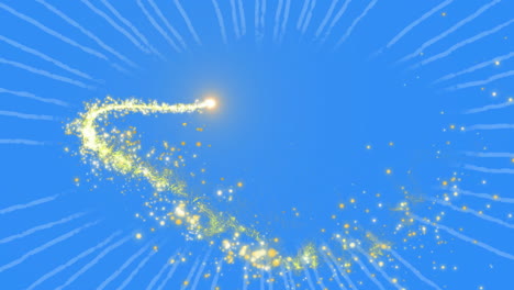 glowing golden orb sending sparkling particle trail sweeping across abstract blue radial streaks