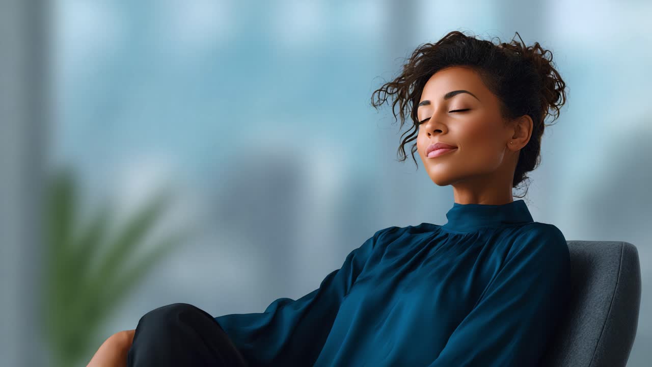 A woman in a calm setting, experiencing a serene moment of relaxation, symbolizing peace and tranquility in her stylish clothing and poised manner