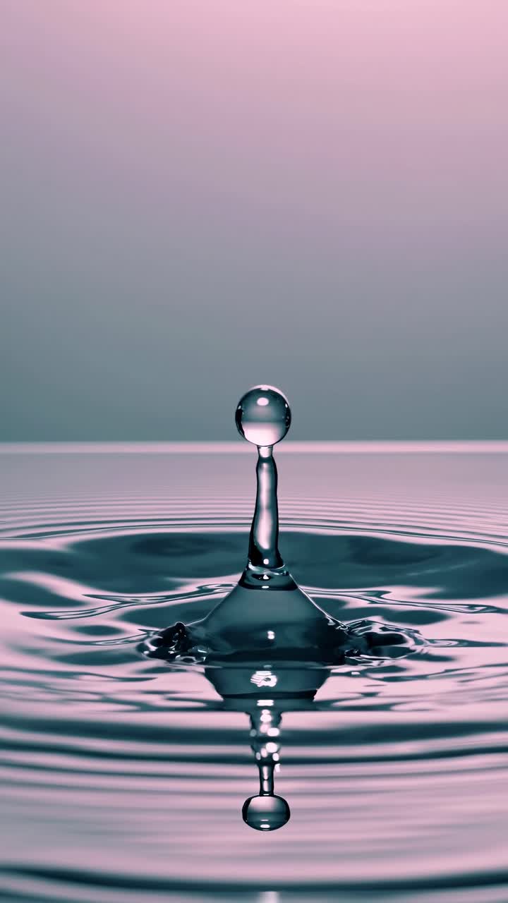A mesmerizing video still of a water droplet captured mid-air with a reflective surface below
