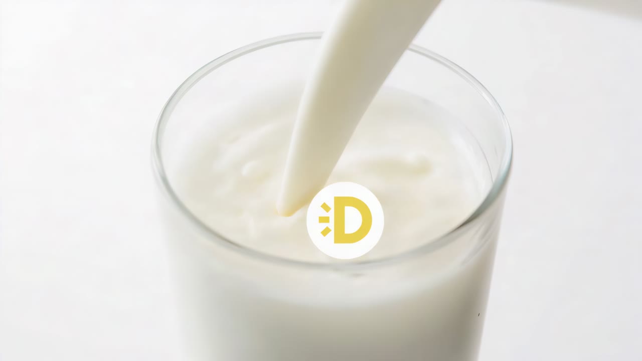 Versare un flusso di latte che crea increspature e riempie un bicchiere trasparente su un tavolo da studio, logo D giallo
