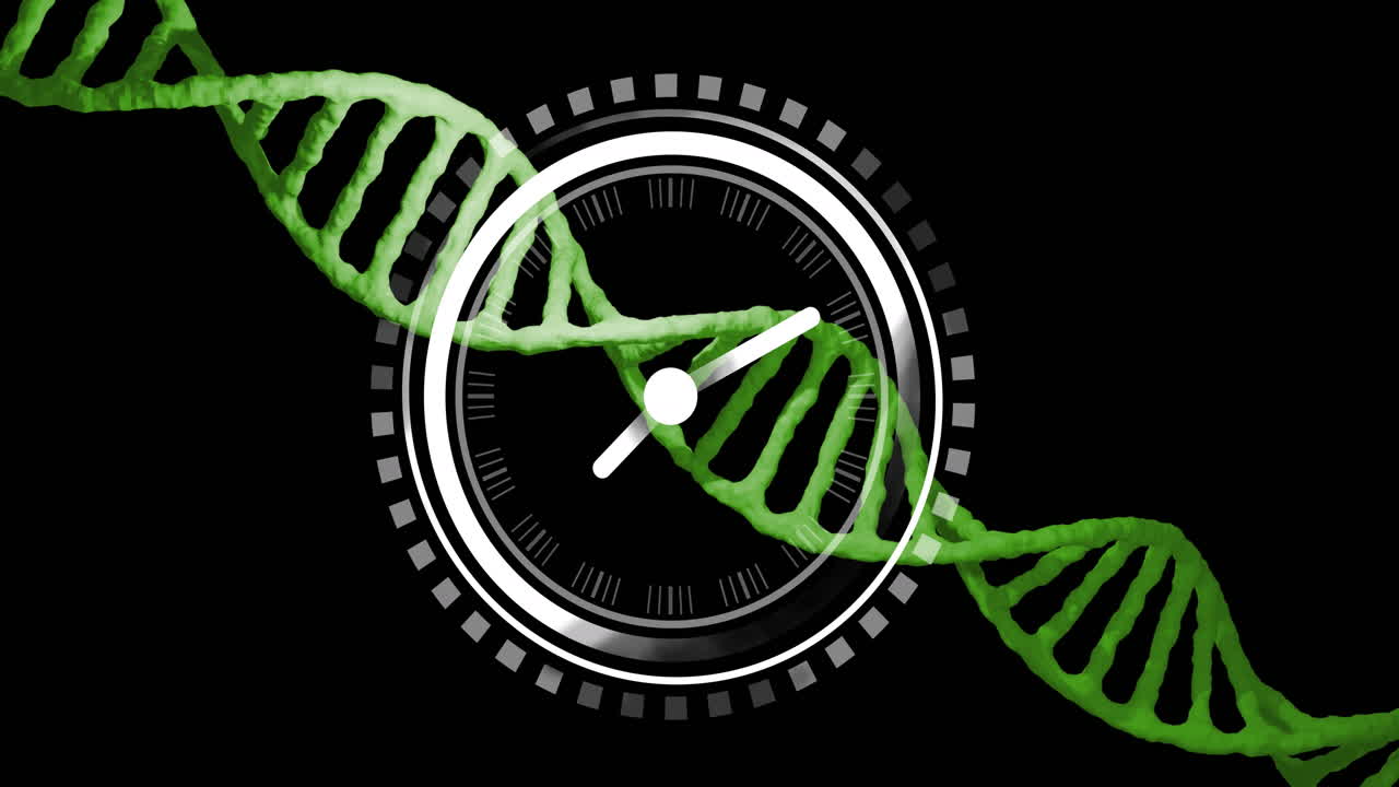 검은 바탕에 있는 dna 가닥 위로 움직이는 시계의 애니메이션
