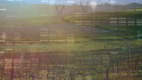 animation of moving columns over landscape with electricity pylons