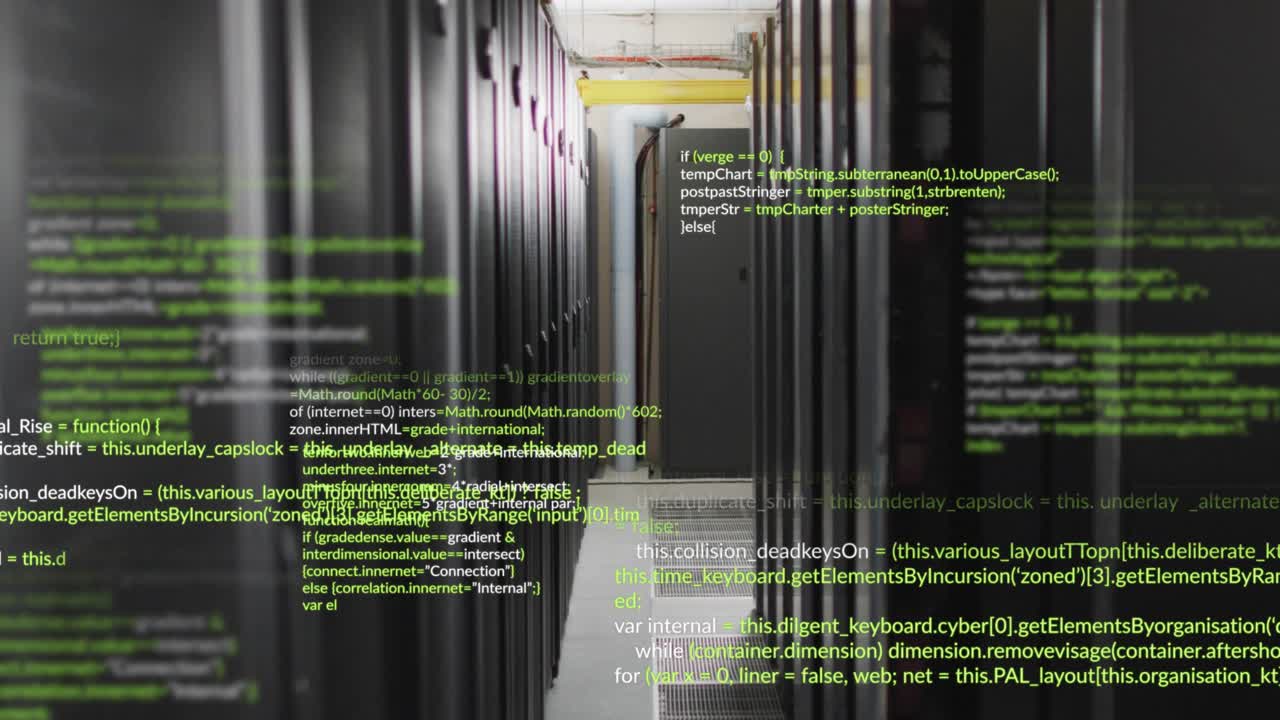 Overlaid code snippets appearing at aisle edges then expanding across racks visualizing data flood