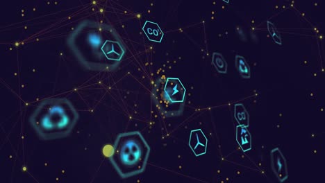 animación de múltiples iconos digitales, puntos amarillos y red de conexiones contra un fondo azul