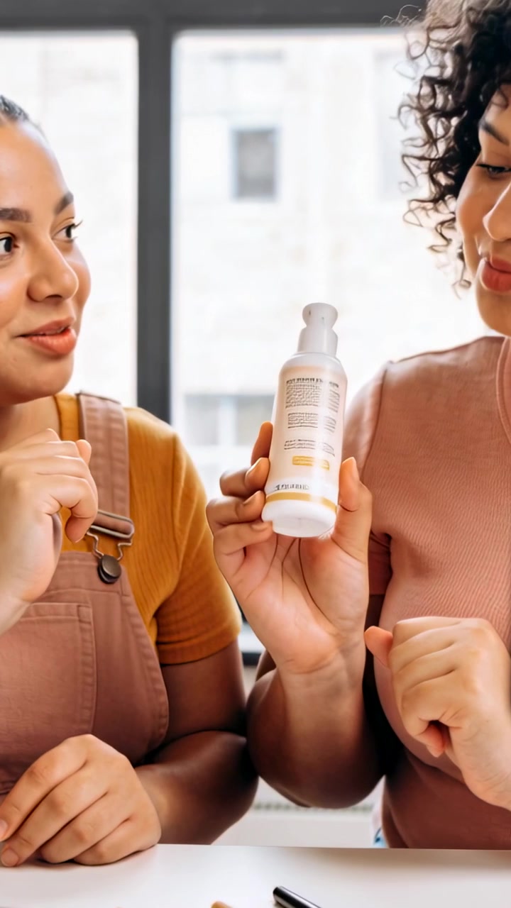 Vertical video: Passing pump bottle, duo in mustard top and pink tee showing label to phone at home