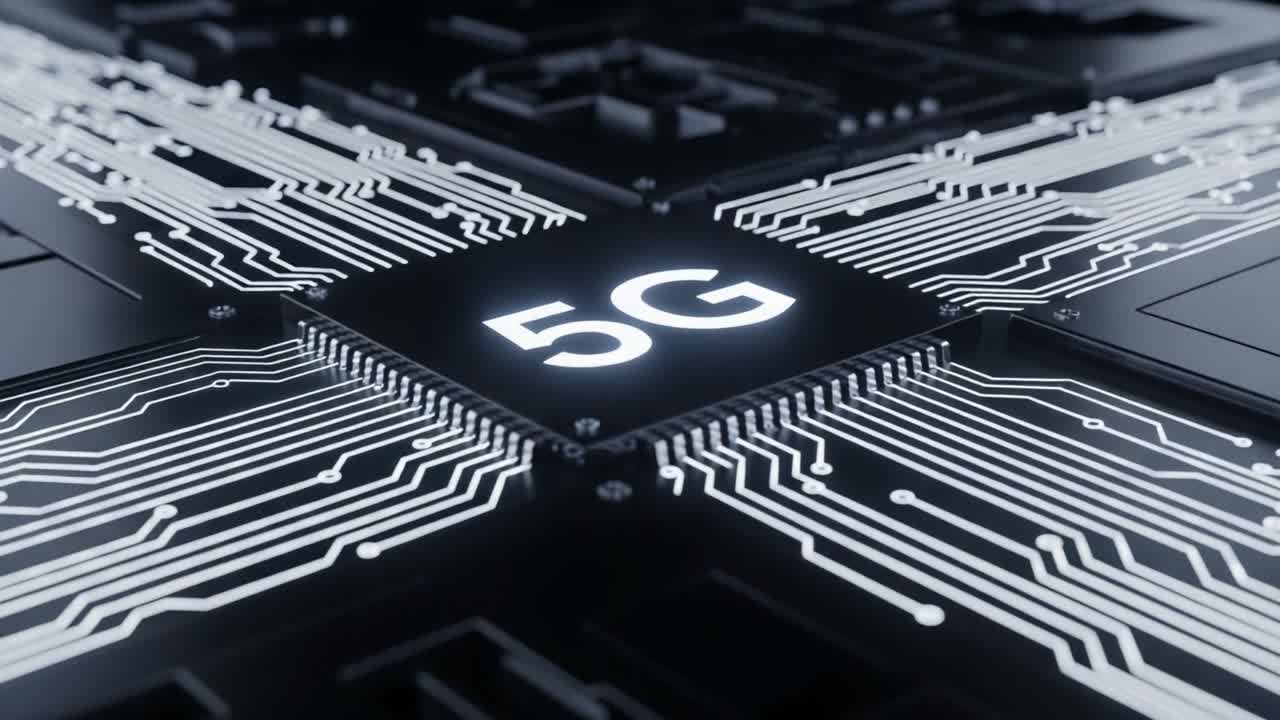Exploring the Future of Communication Technology: A Close-Up View of a 5G Microchip with Intricate Circuitry and Modern Design Elements