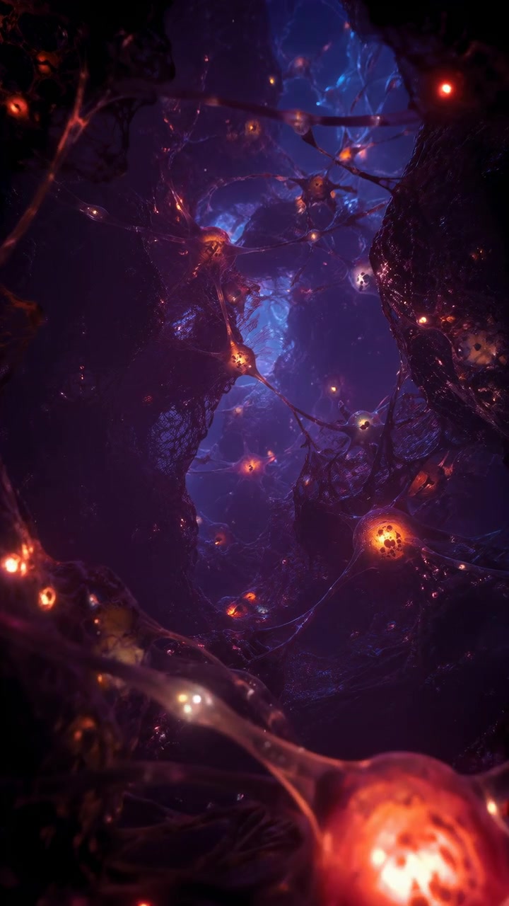 Vista ravvicinata di una cavità organica traslucida riempita con nodi luminosi collegati, filamenti, luce centrale arancione calda, profondità a strati, leggera foschia e texture biologica astratta con futuristico.
