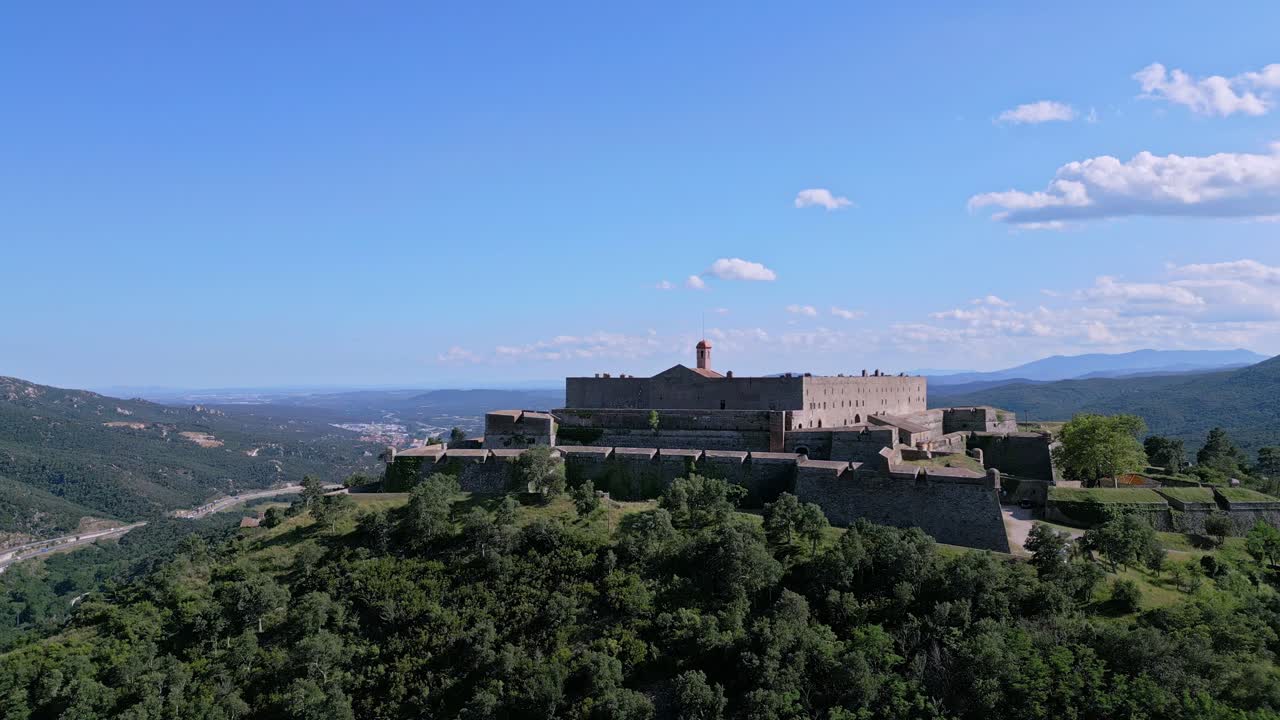 Aerial panoramic castle, landscape of the Pyrenees in Fort de Bellegarde France