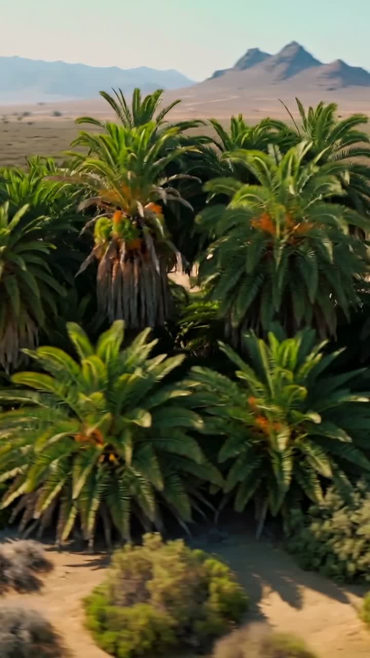 Vertical video: Pulling back drone revealing palm cluster on arid plain, showing date clusters
