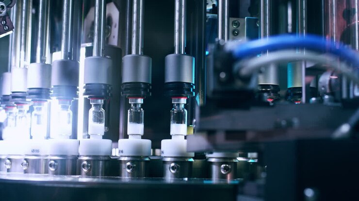 Macchinario farmaceutico. Fiale sulla linea di produzione in una fabbrica farmaceutica.