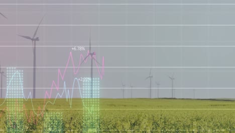 Animation-of-statistical-data-processing-over-spinning-windmills-on-grassland-against-grey-sky