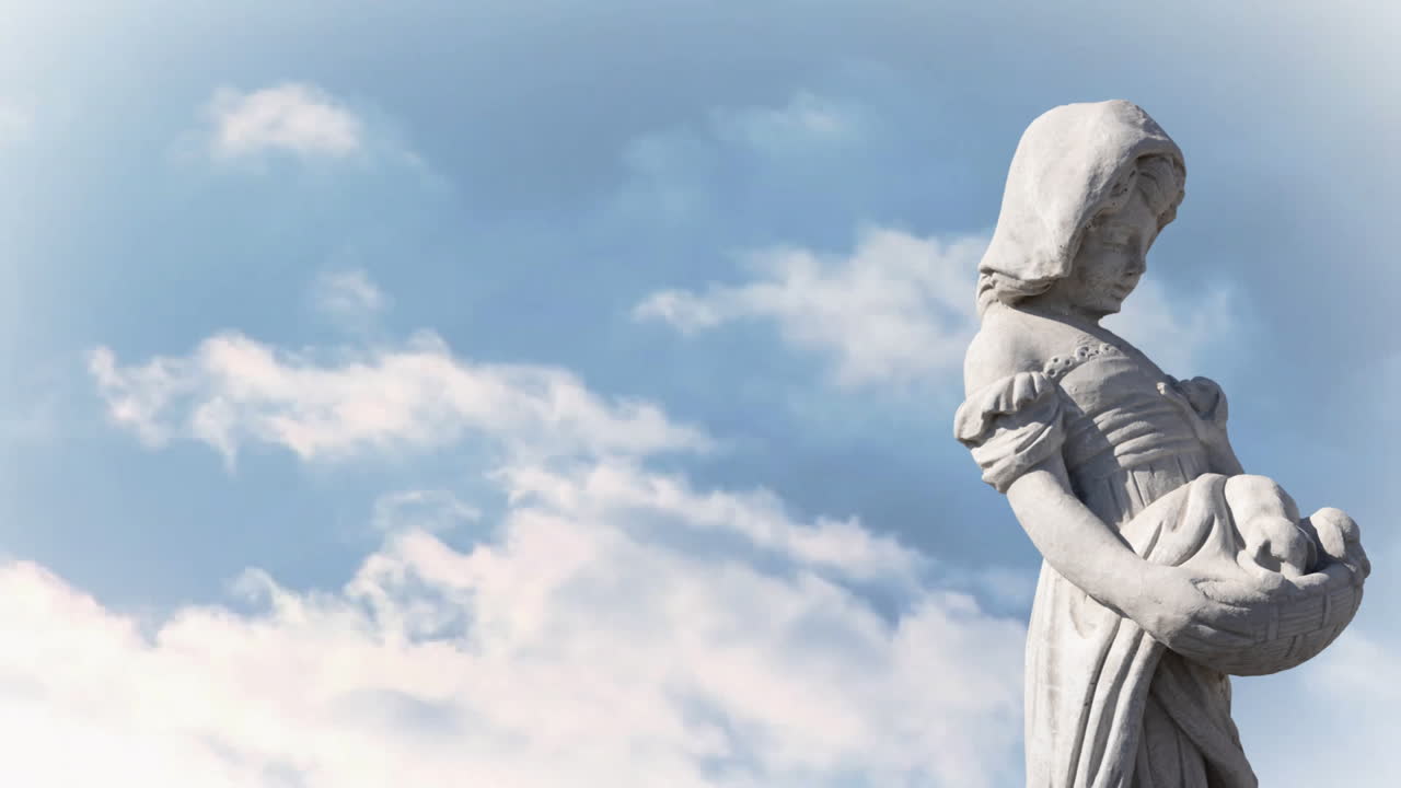 Animation of gray sculpture of woman over blue sky and clouds, copy space