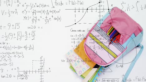 Animation-of-mathematical-equations-floating-over-school-bag-on-white-surface