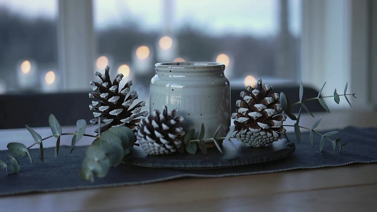 Refocusing camera revealing centerpiece on table by window, showing ceramic jar, pinecones