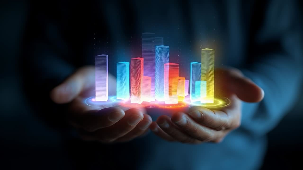 Colorful data visualization emerges from hands in dark environment