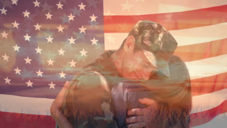 couple hugging and american flag