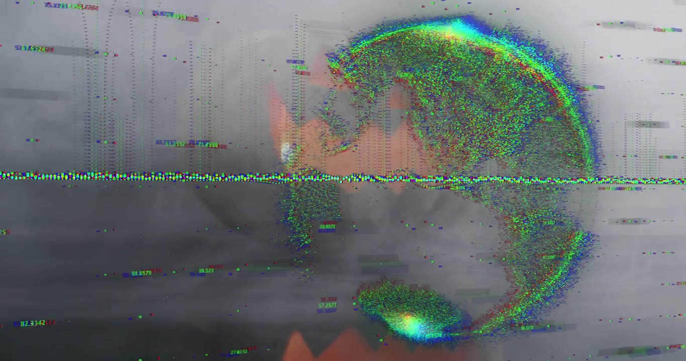 Glitch starting particles forming rotating globe reacting to waveform pulsing then dissolving