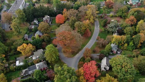 Upscale-residential-suburban-area-with-lots-of-green-and-trees-in-colorful-autumn-foliage,-aerial-view-of-historic-residential-villas-and-houses-in-Pennsylvania,-real-estate-and-urban-landscape