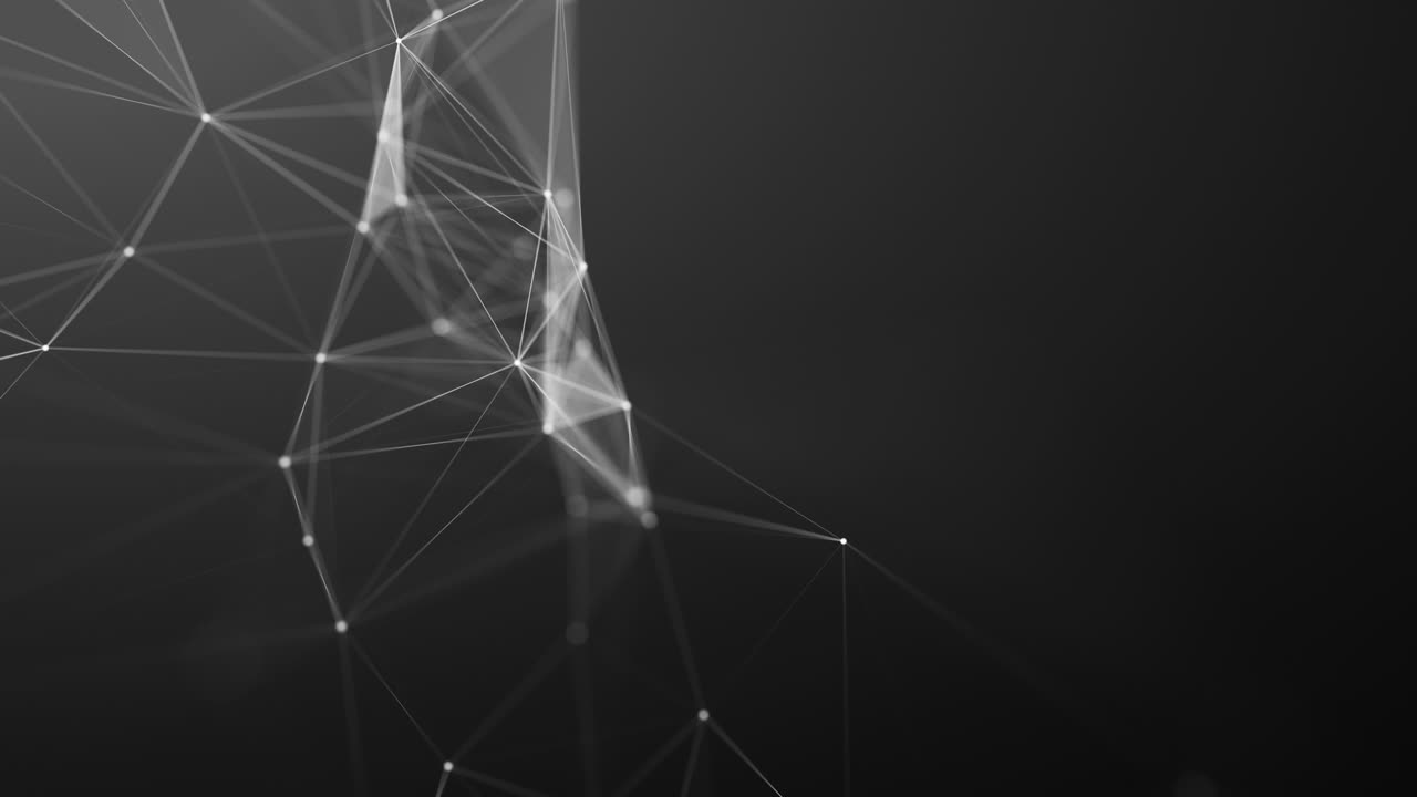 Abstract waves of white dots and lines on a black background with depth of field. Technological background. Network connection structure.