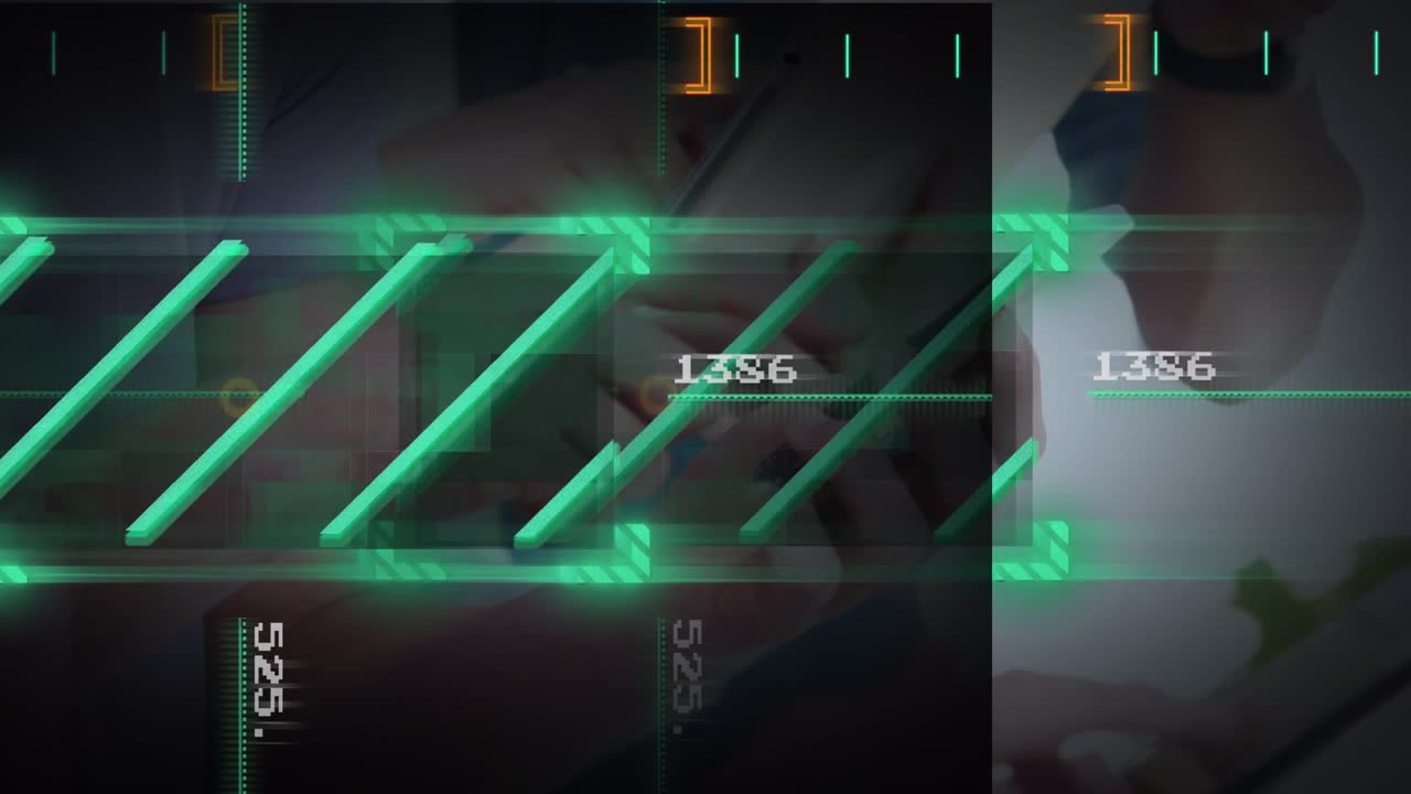 Animation af databehandling over midten af kolleger, der bruger elektroniske enheder på kontoret.