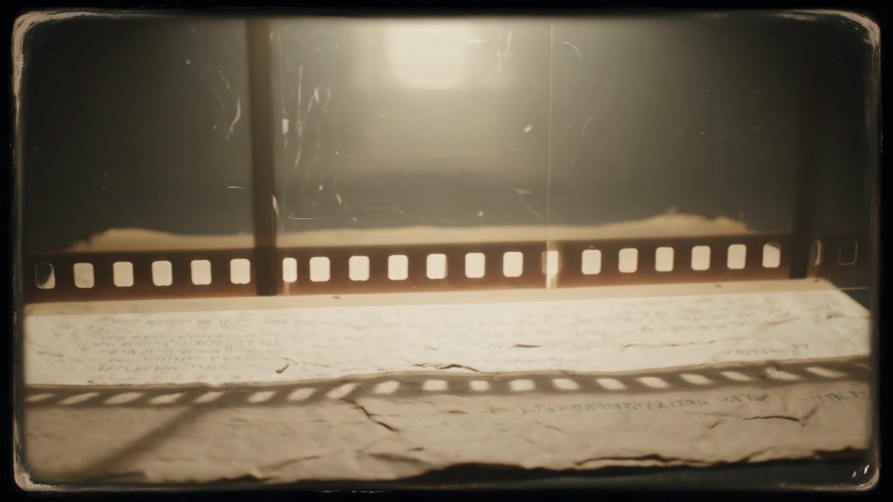 Sombra de tira de película perforada proyectándose y moviéndose sobre la mesa, luz de fondo cuadrada pulsando, polvo flotando