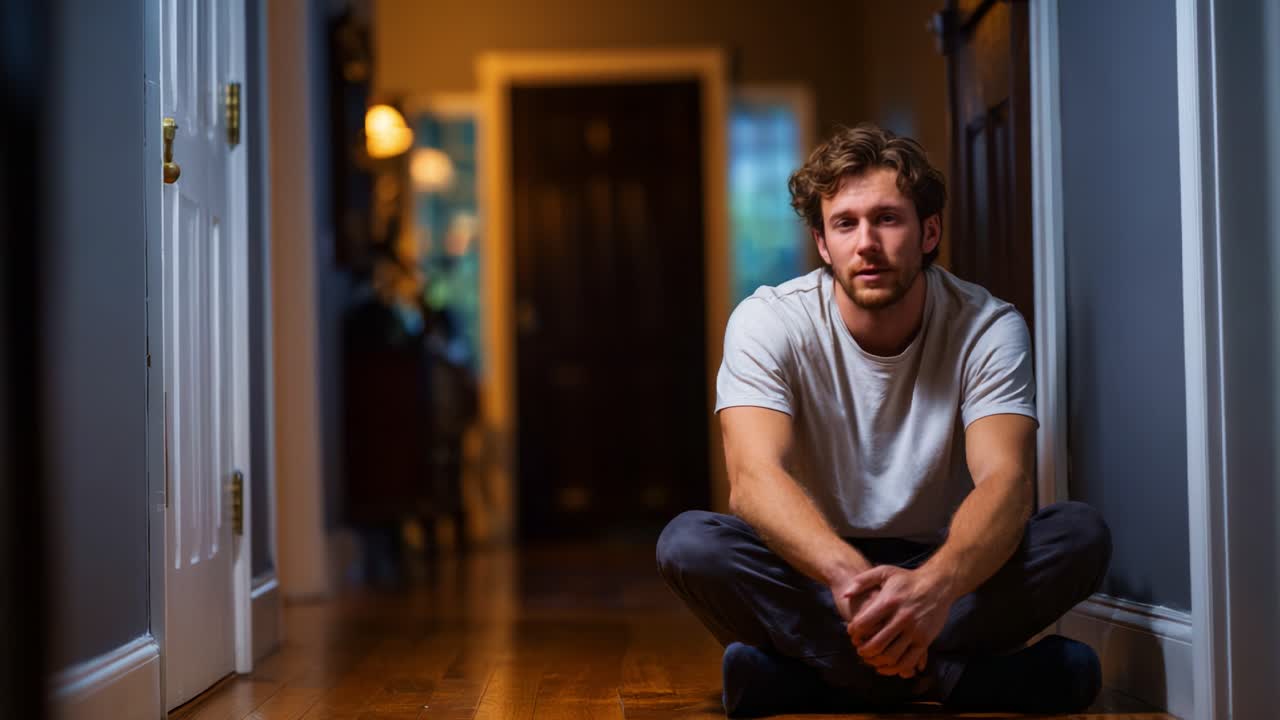 A contemplative moment in a hallway captured through two frames, showcasing an individual sitting on the floor with a thoughtful expression and soft ambient lighting