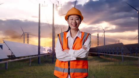 Asian Female Engineer With Safety Helmet Crossing Her Arms And Smiling To Camera With Solar Panel and Wind Turbines