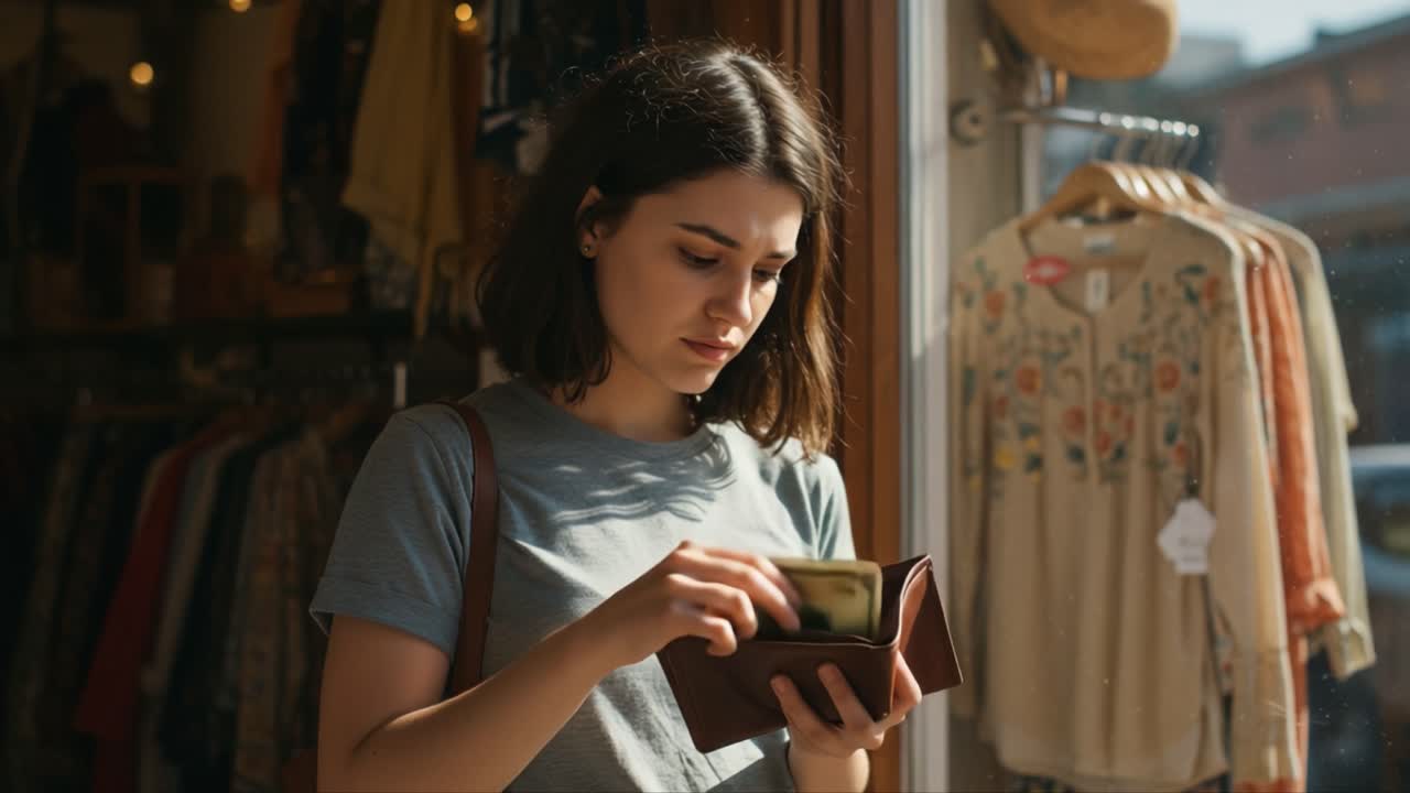 A Young Woman Examines Her Wallet While Shopping, Contemplating Her Purchases in a Trendy Boutique Surrounded by Vintage Clothing and Accessories