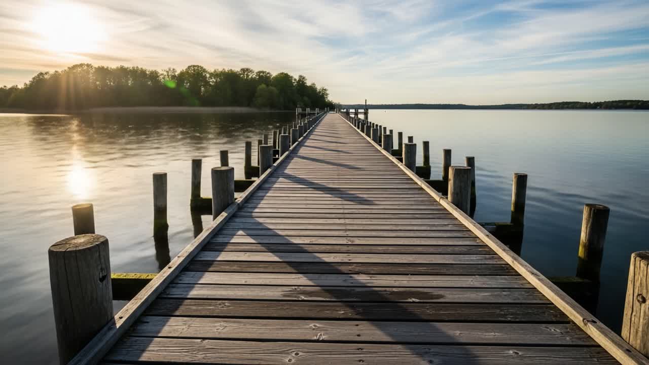 A Serene Wooden Dock Extending Over Calm Waters at Sunset, Surrounded by Lush Greenery and Reflecting Soft Light Across the Smooth Surface of the Lake
