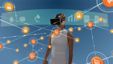 Animation of network of connections with icons over businesswoman wearing vr headset