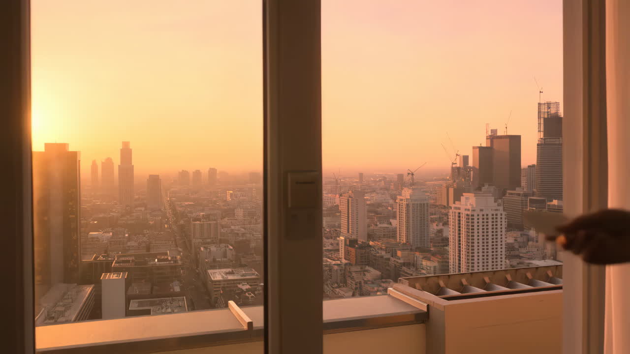Ativando um quarto de hotel com um cartão-chave durante um pôr do sol na cidade