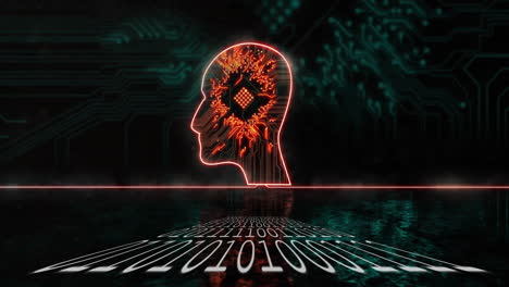 human head silhouette with circuit board and binary code animation over digital background