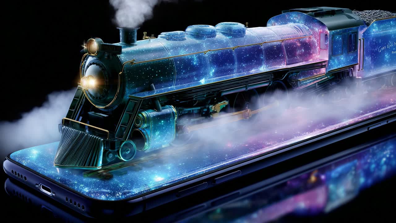 A captivating galaxy-themed steam locomotive emerges from a smartphone, showcasing a fusion of technology and artistry with vibrant cosmic visuals, evoking a breathtaking sense of wonder and innovation