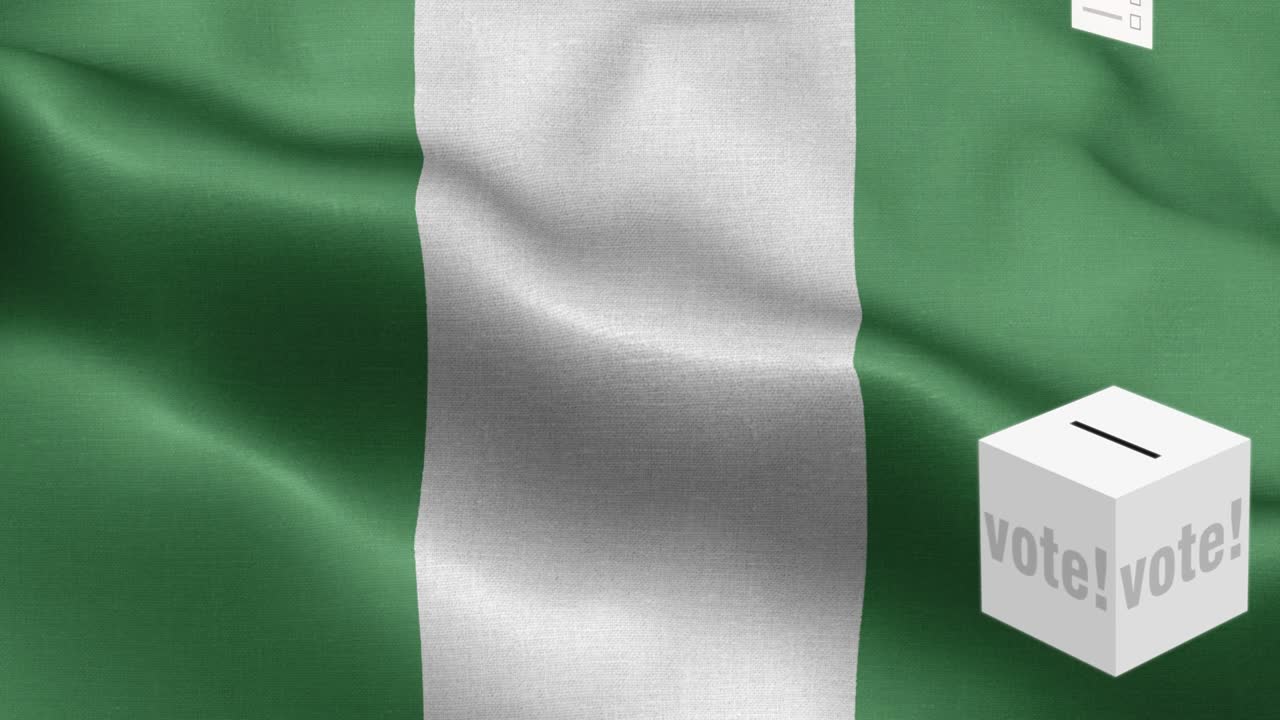 Ballots fly to box for Nigeria selection - Ballot box in front of flag - Election - Vote - Flag Of Nigeria - Nigeria Flag High Detail - National flag Nigeria wave Pattern loopable Elements - Fabric texture and endless loop