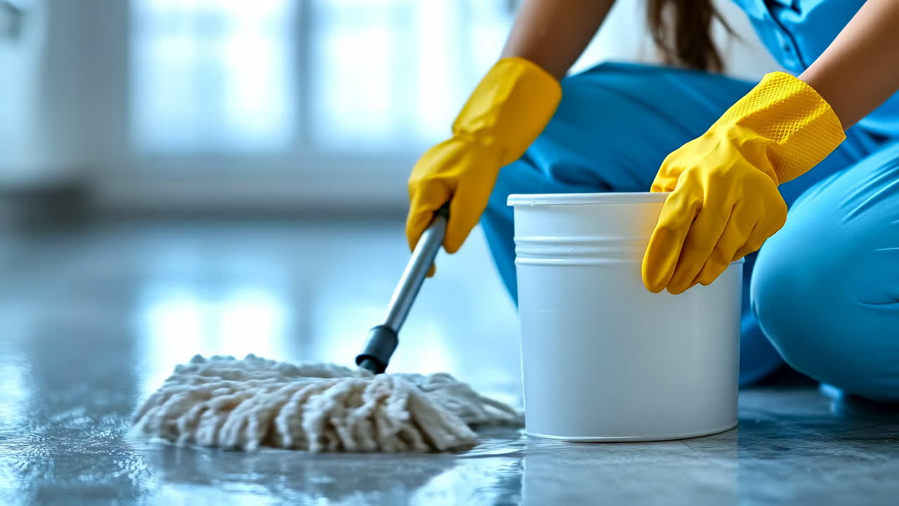 Mopping a floor in a bright space. Person wearing gloves cleans a shiny floor with a mop and a bucket in a well-lit area during the day