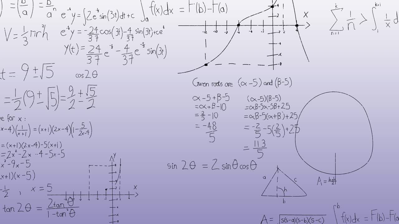animación de ecuaciones y fórmulas matemáticas flotando contra un fondo de gradiente azul