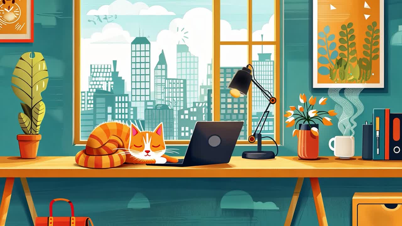 Cartoon cat working on laptop with city view