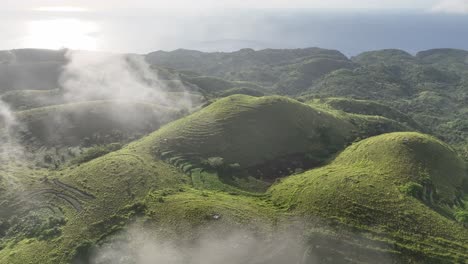 isla con colinas verdes y niebla