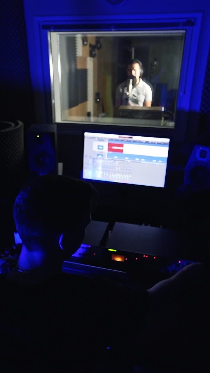 Audio engineer working in the dark professional music recording studio. Singer performs behind the window next door. Vertical video