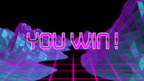 animation of you win text over mountains on grid pattern against black background