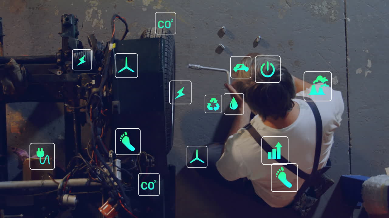 Mechanic working on chassis in automotive workshop, displaying green eco technology icons